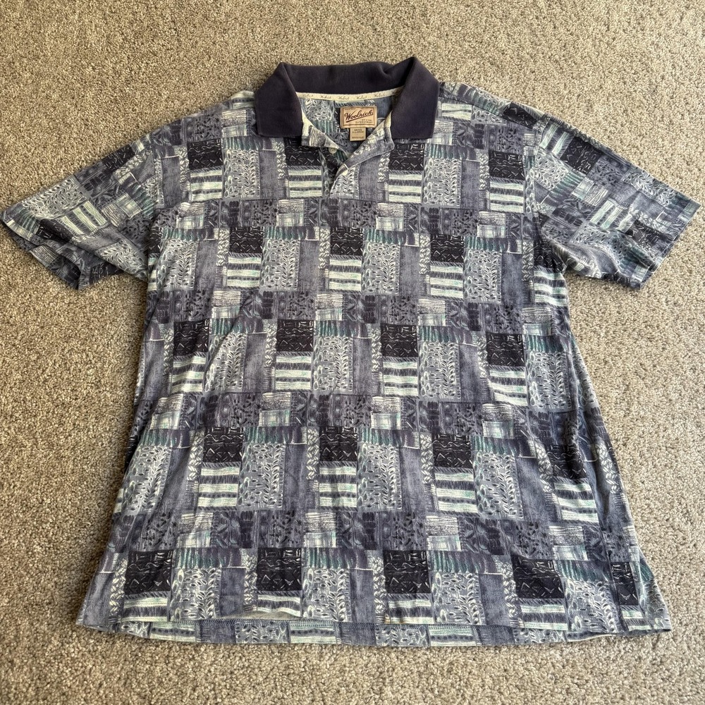 Vintage Woolrich Polo Shirt Mens XL Blue Patchwork Knit Short Sleeve USA Casual